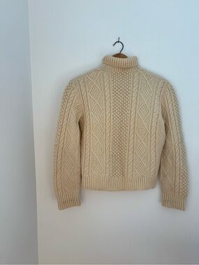 Hand knit wool fisherman turtleneck sweater cream Aran sweater